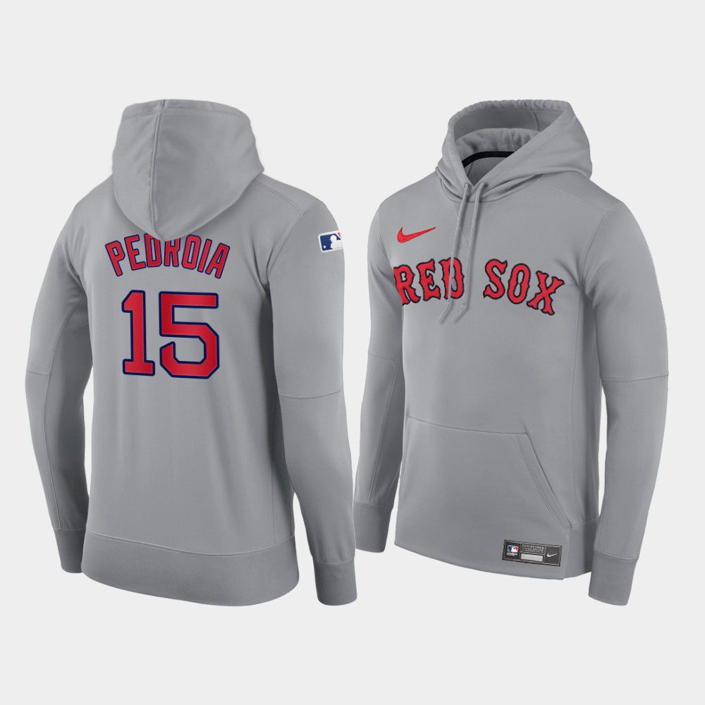Men Boston Red Sox #15 Pedroia gray road hoodie 2021 MLB Nike Jerseys->boston red sox->MLB Jersey